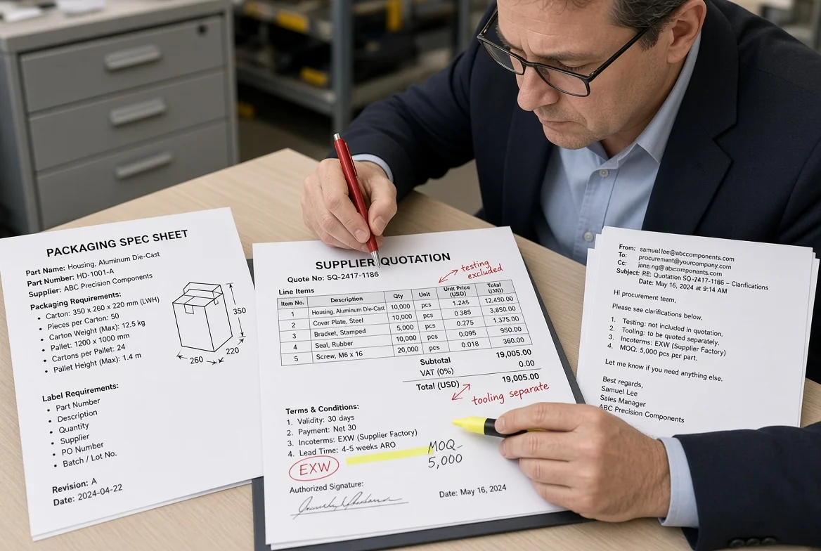 Buyer marking exclusions and assumptions on a supplier quotation Procurement professional highlighting supplier quote exclusions such as tooling, testing, EXW delivery, and MOQ notes during quotation analysis