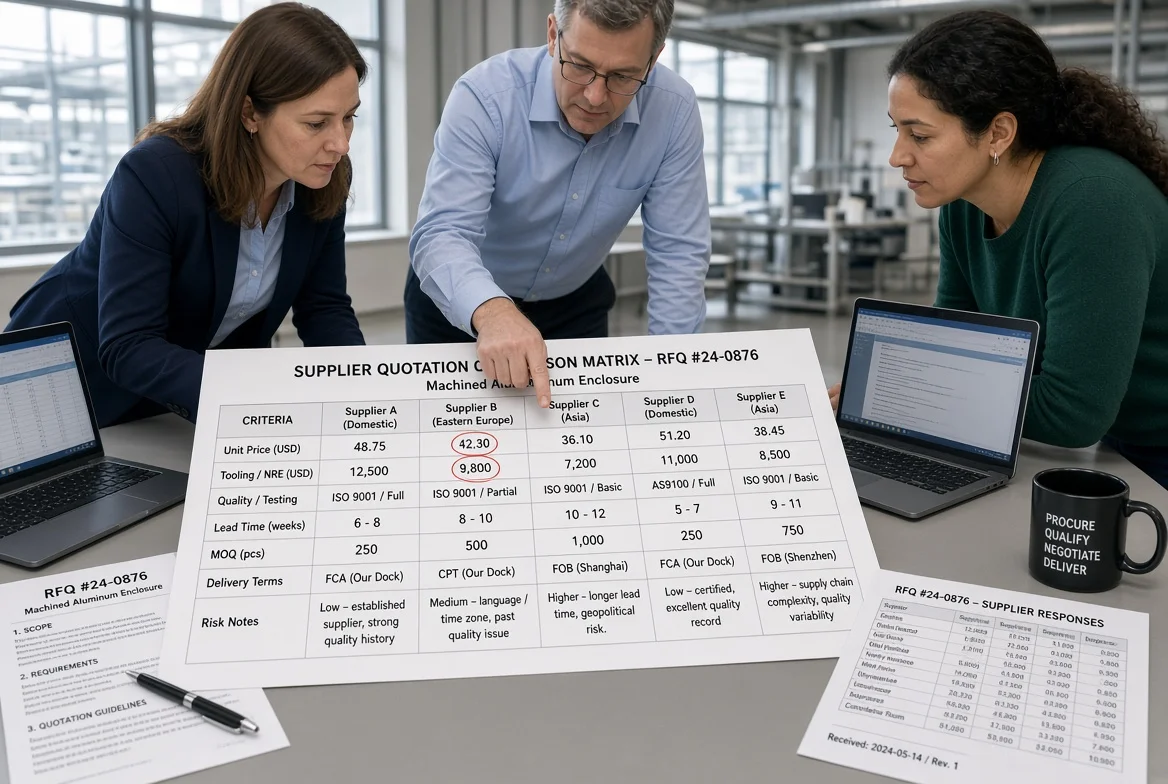 Supplier quotation comparison matrix used by a procurement team Procurement team reviewing a structured supplier quotation comparison matrix covering price, quality, lead time, tooling, MOQ, and risk
