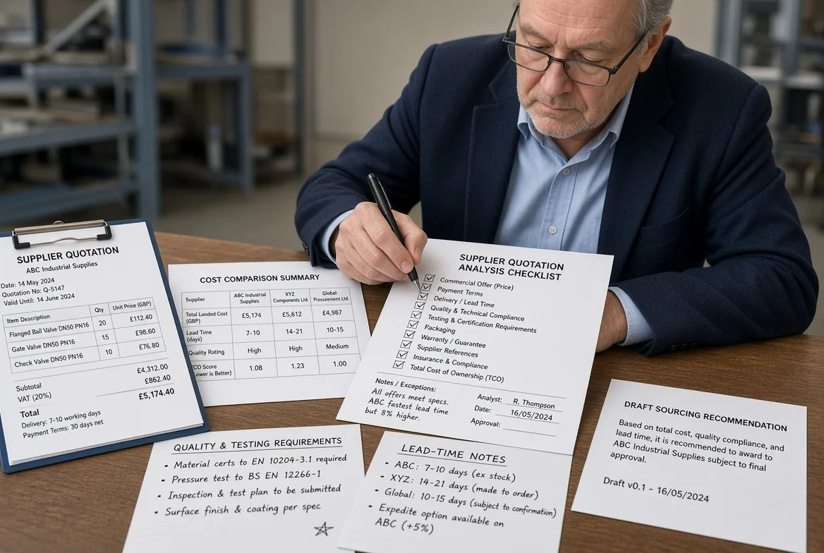 Final supplier quotation analysis checklist before sourcing approval Procurement manager completing a quotation-review checklist with cost comparison, quality requirements, lead-time notes, and decision records