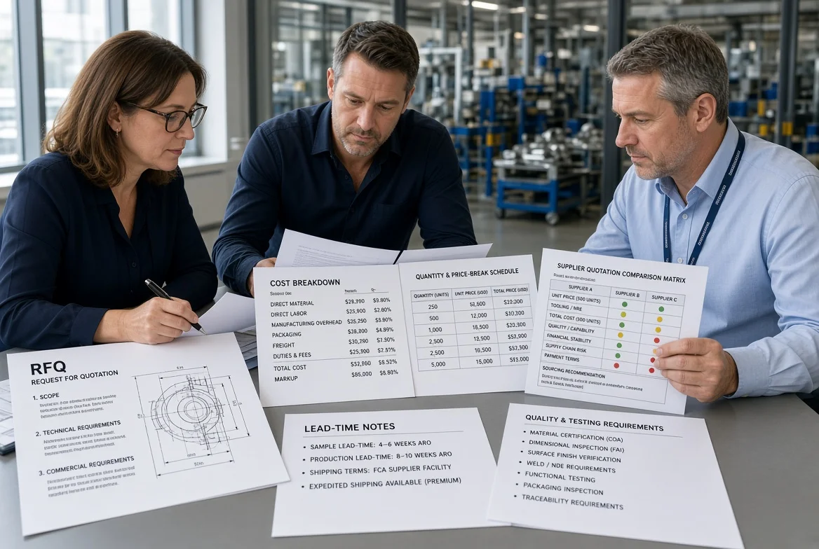 Professional procurement team reviewing supplier quotations, RFQ documents, cost breakdowns, quality requirements, lead times, and a quotation comparison matrix before supplier selection