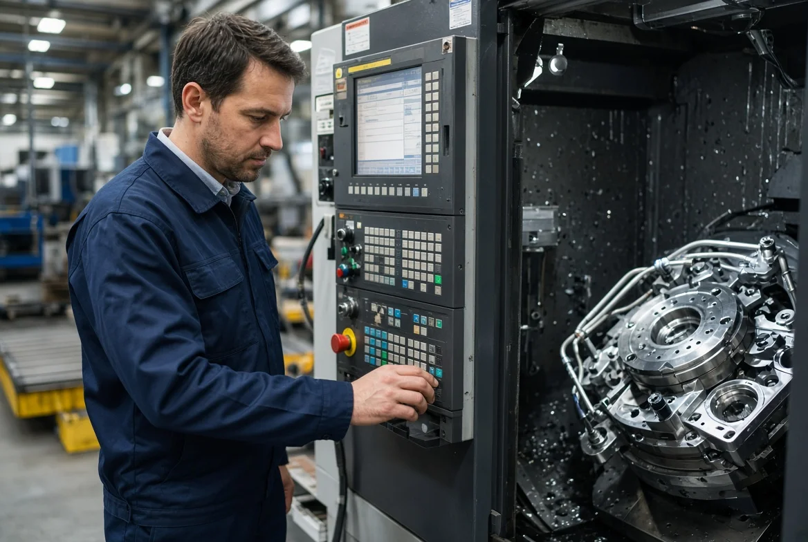 Buyer reviewing CNC equipment during supplier capability assessment Professional engineer inspecting CNC machining center and tooling in a metal fabrication workshop as part of supplier manufacturing capability evaluation