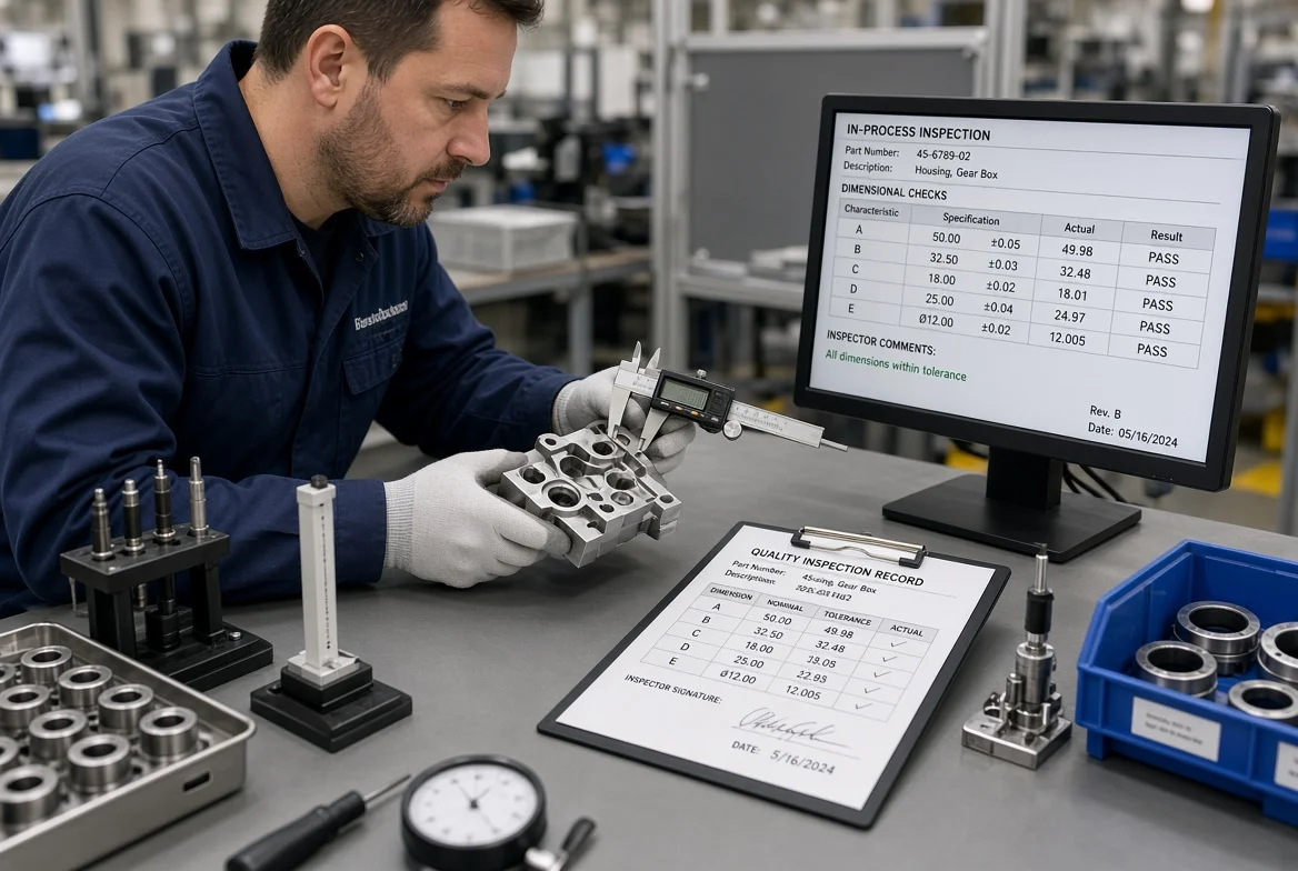 Quality inspection station during supplier capability review Quality inspector measuring precision components with calipers and reviewing inspection records at a manufacturing quality control station