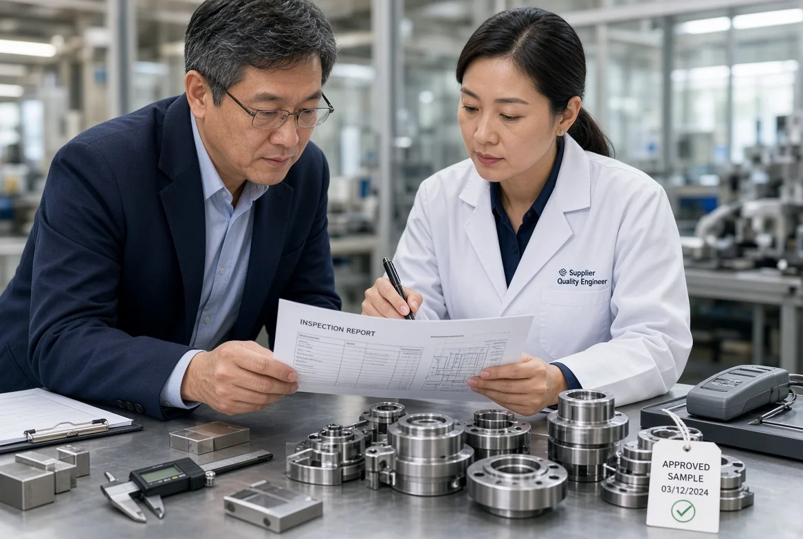 Sample evaluation meeting for manufacturing capability validation Sourcing professional and supplier engineer jointly examining product samples and inspection reports on a workbench in a manufacturing facility