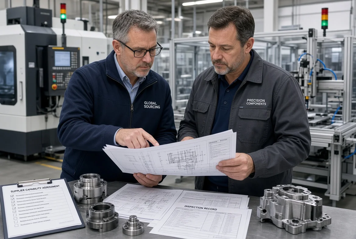 Professional sourcing manager and supplier engineer examining technical documents, samples and production equipment together during a supplier manufacturing capability assessment in an industrial workshop