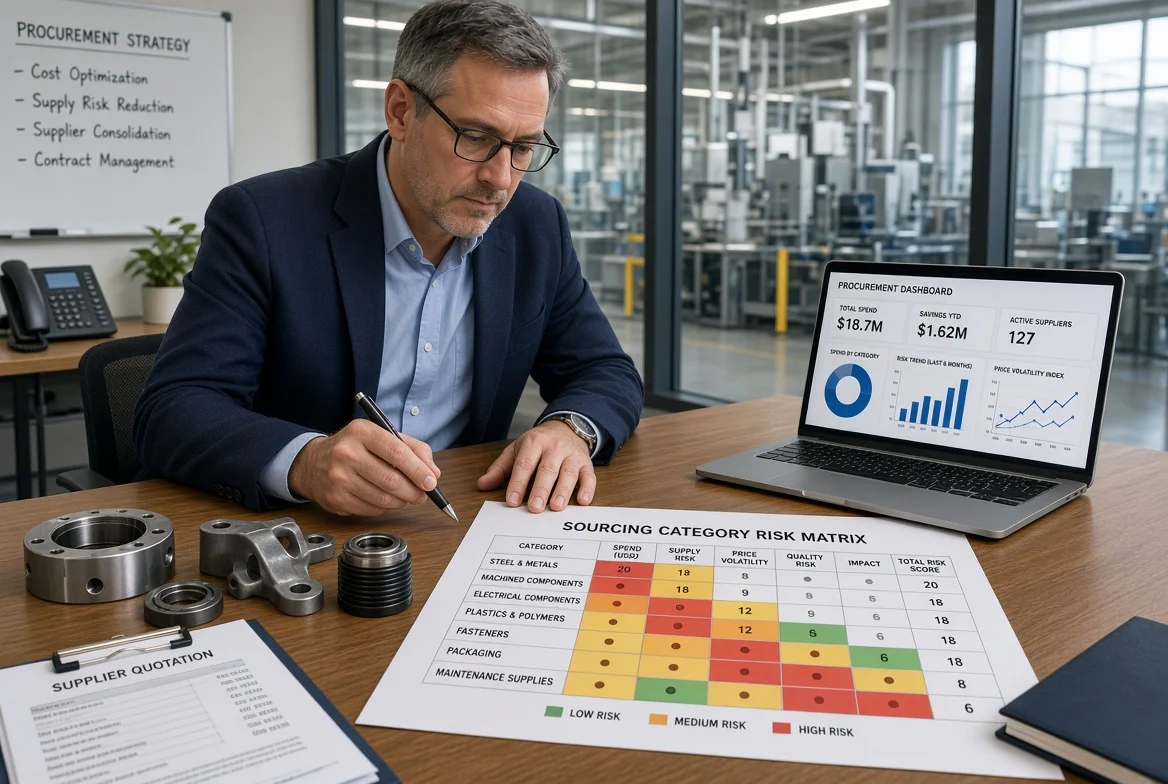Senior procurement professional analyzing a color-coded sourcing category risk matrix on a conference table beside metal industrial components, supplier quotation, and procurement dashboard laptop in a modern factory office