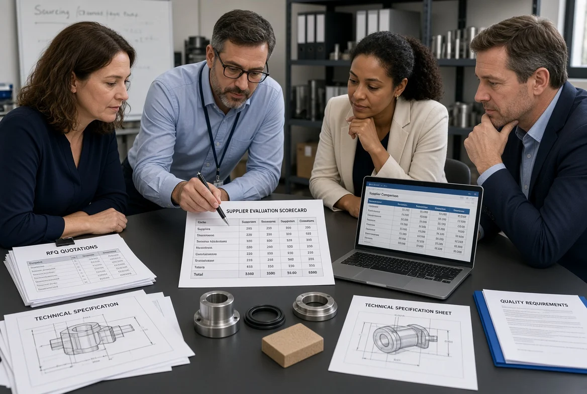 Procurement, quality, and operations team members reviewing a supplier evaluation scorecard, RFQ quotations, technical specification sheets, and product samples during a supplier selection meeting