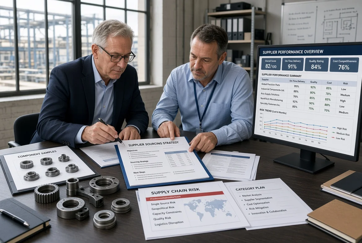 Two senior managers examining a supplier sourcing strategy document, supply chain risk notes, category plan, and metal component samples next to a supplier performance overview screen in an industrial office