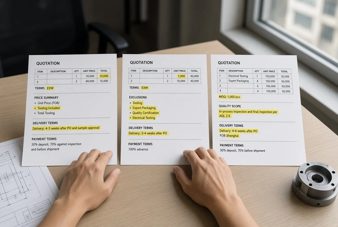 Procurement manager comparing three manufacturer quotes with different quantities, tooling charges, quality scope, and delivery terms on a desk next to a technical drawing