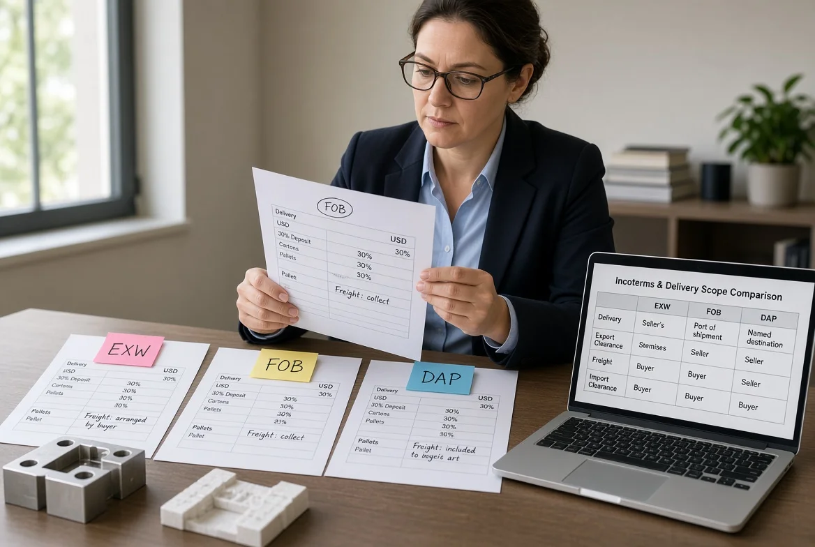 Sourcing specialist reviewing manufacturing quotations marked EXW, FOB, and DAP with currency, deposit, packaging, and freight notes