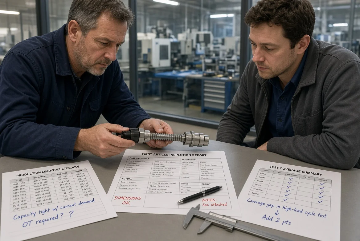 Procurement and quality engineers inspecting a first-article sample, inspection records, and a production schedule in a factory meeting room