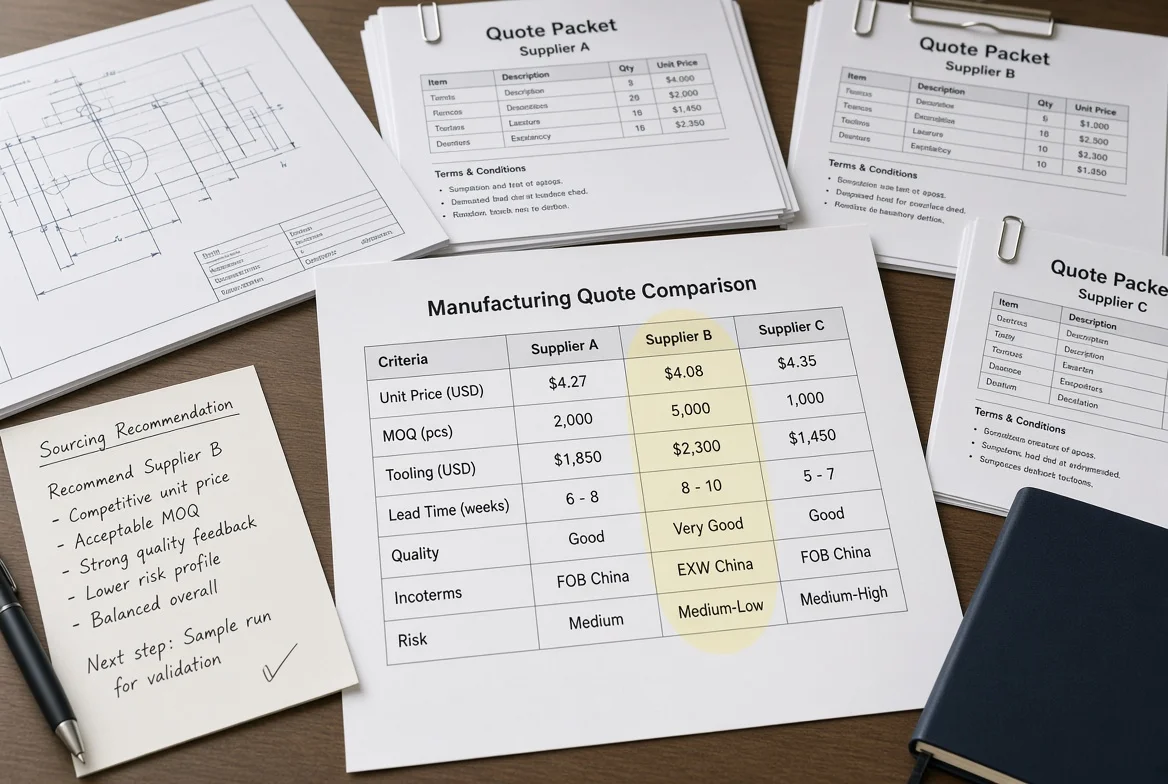 Printed supplier comparison matrix showing unit price, MOQ, tooling, lead time, quality, Incoterms, and risk used to document a sourcing decision