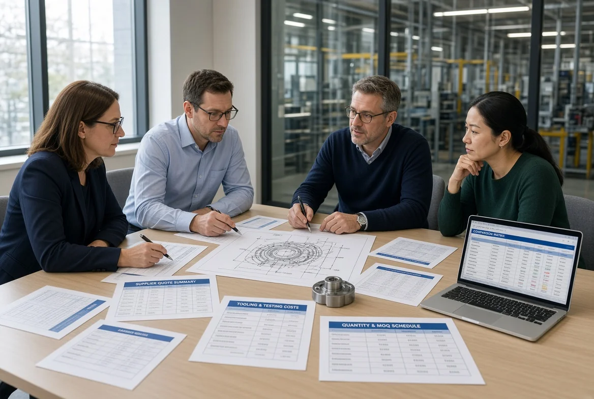 Purchasing manager and engineer reviewing supplier quotations, technical drawings, quantity schedules, tooling costs, quality notes, delivery terms, and a manufacturing quote comparison matrix