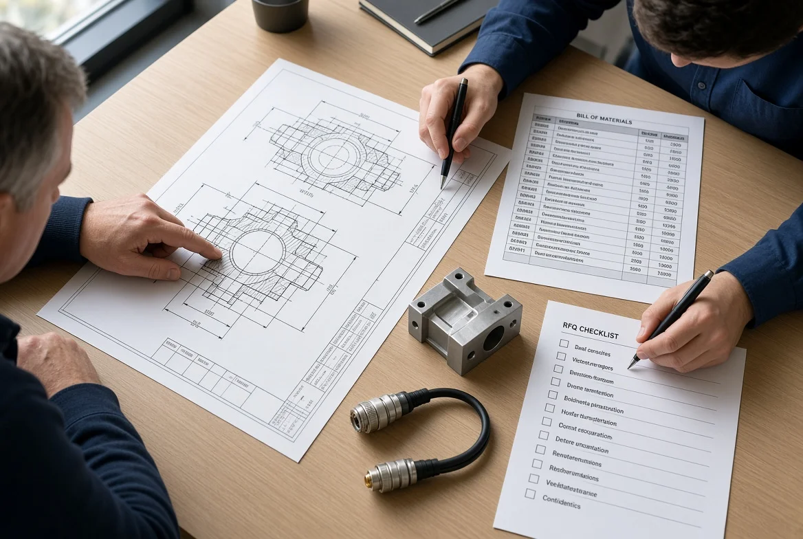 Procurement professional and engineer reviewing a technical drawing, bill of materials, component sample, and structured sourcing checklist while preparing a manufacturing RFQ