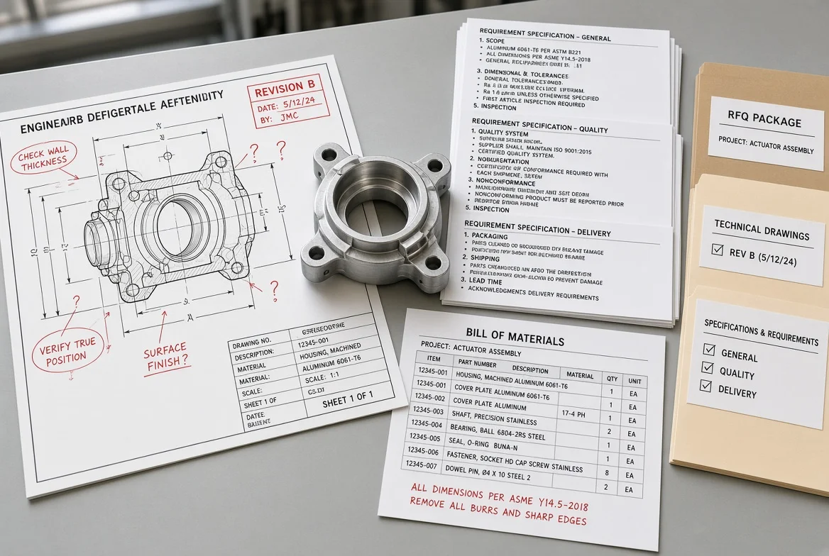 Technical drawing, industrial product sample, bill of materials, and controlled requirement sheets arranged as a complete manufacturing RFQ package for supplier quotation