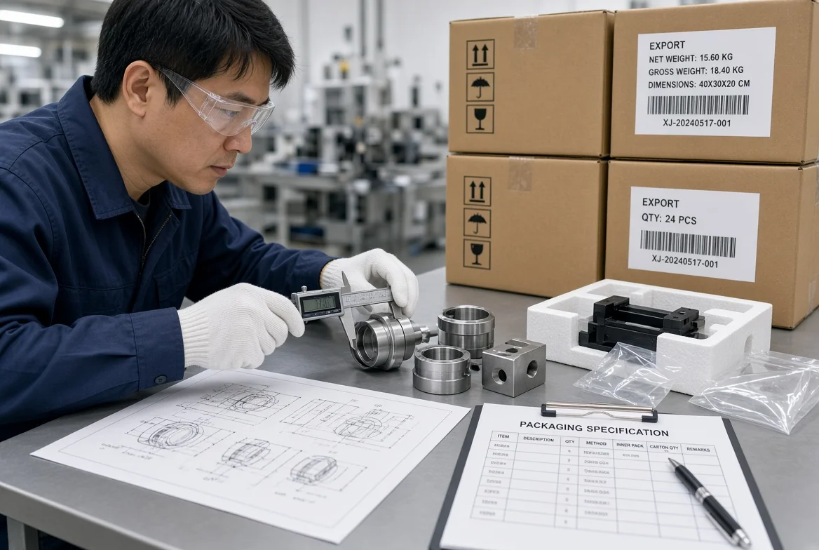 Quality inspector measuring manufactured components against a drawing next to labeled export cartons and a packaging specification used in a manufacturing RFQ