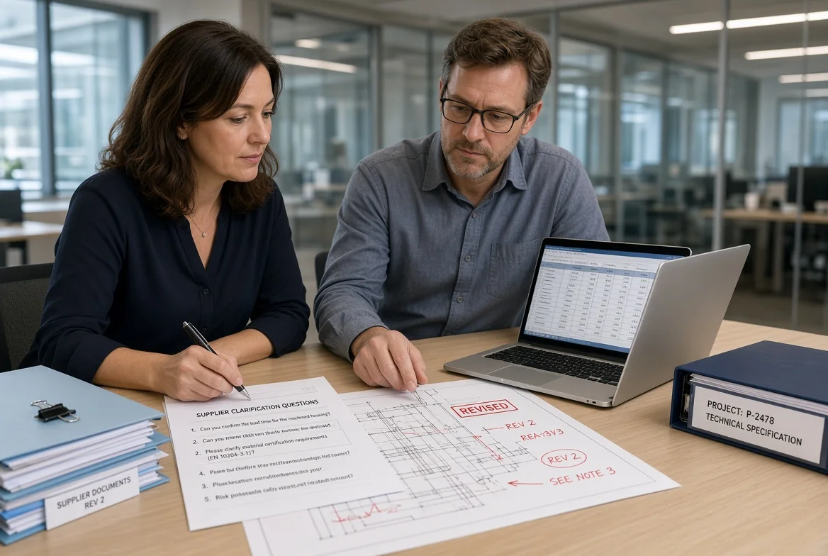 Procurement and engineering team reviewing supplier clarification questions, a controlled drawing revision, and quotation notes during the RFQ process for manufacturers