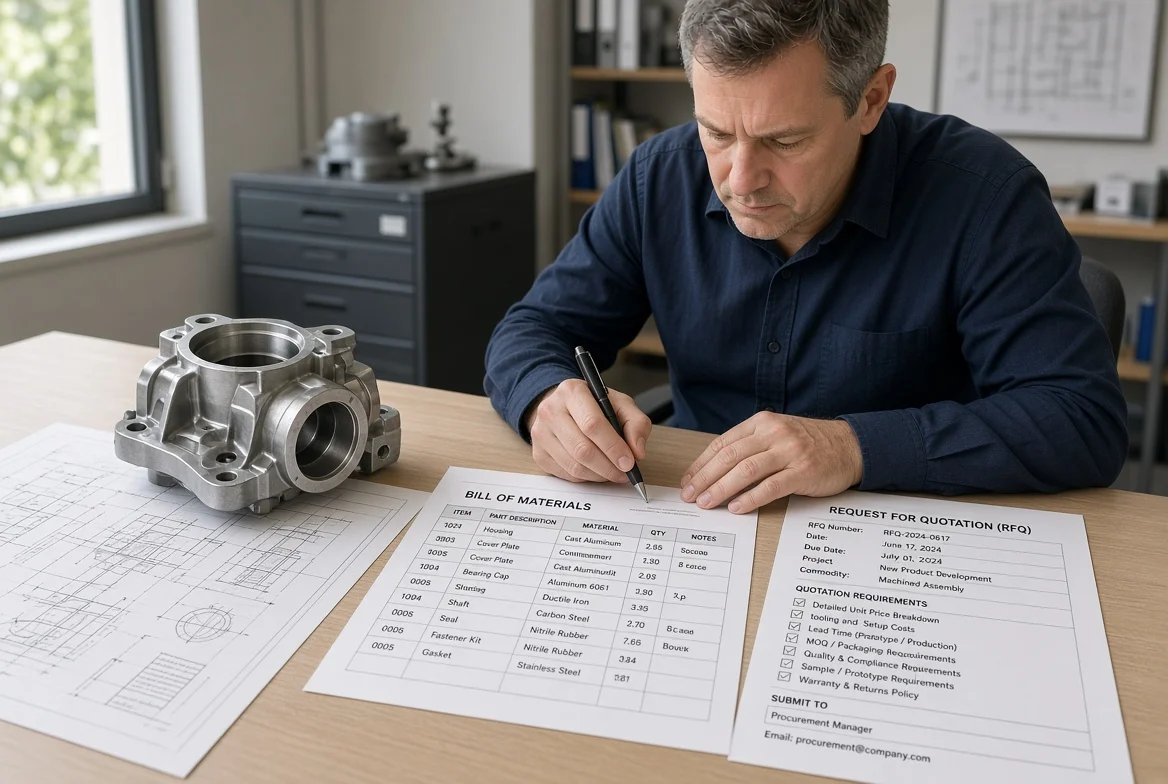 Procurement manager and engineer at an industrial desk reviewing a technical drawing, product sample, bill of materials, and structured quotation request while creating an RFQ for manufacturers