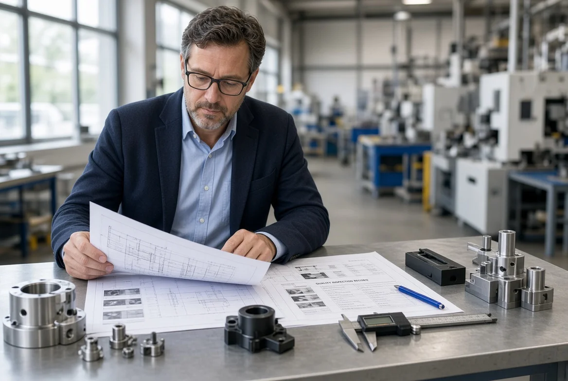 Professional B2B buyer examining technical drawings, product samples, and inspection documents on a workshop bench during supplier capability evaluation