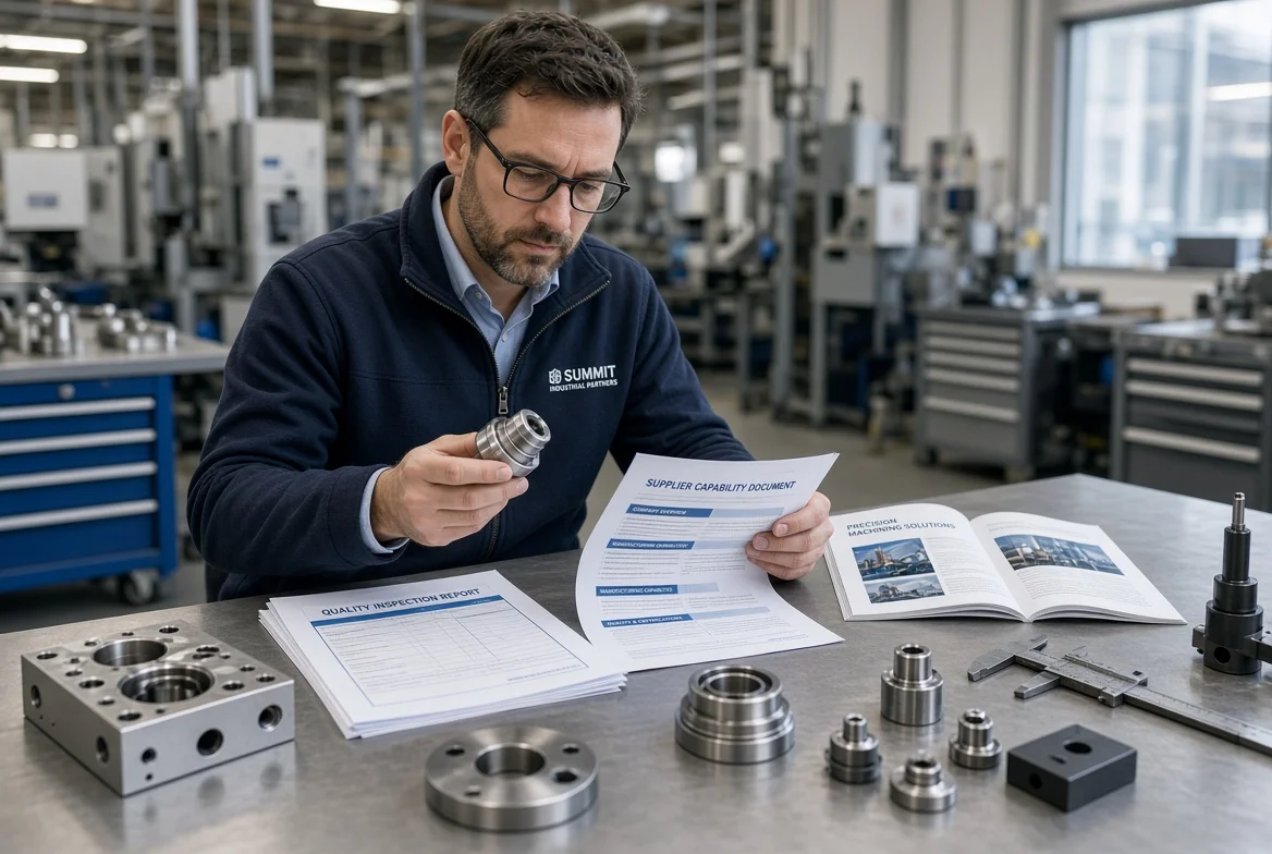 Professional sourcing manager reviewing product samples and supplier quality records in an industrial setting to evaluate a supplier before placing an order