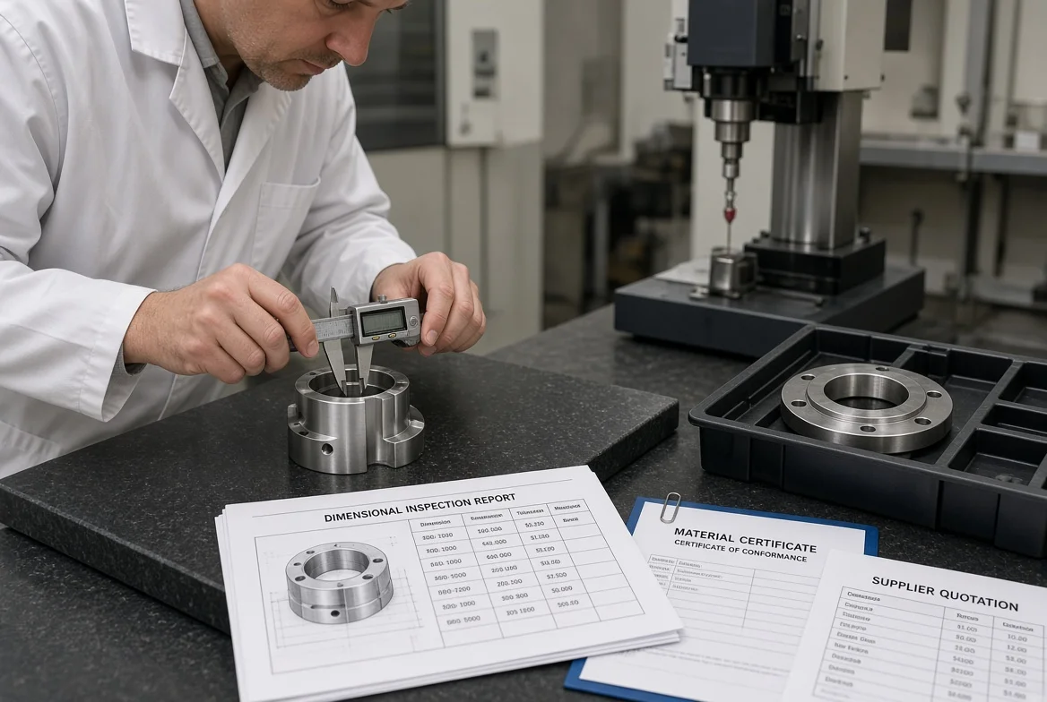Factory quality-control inspection of a precision component used to evaluate supplier quality capability beyond the quoted unit price