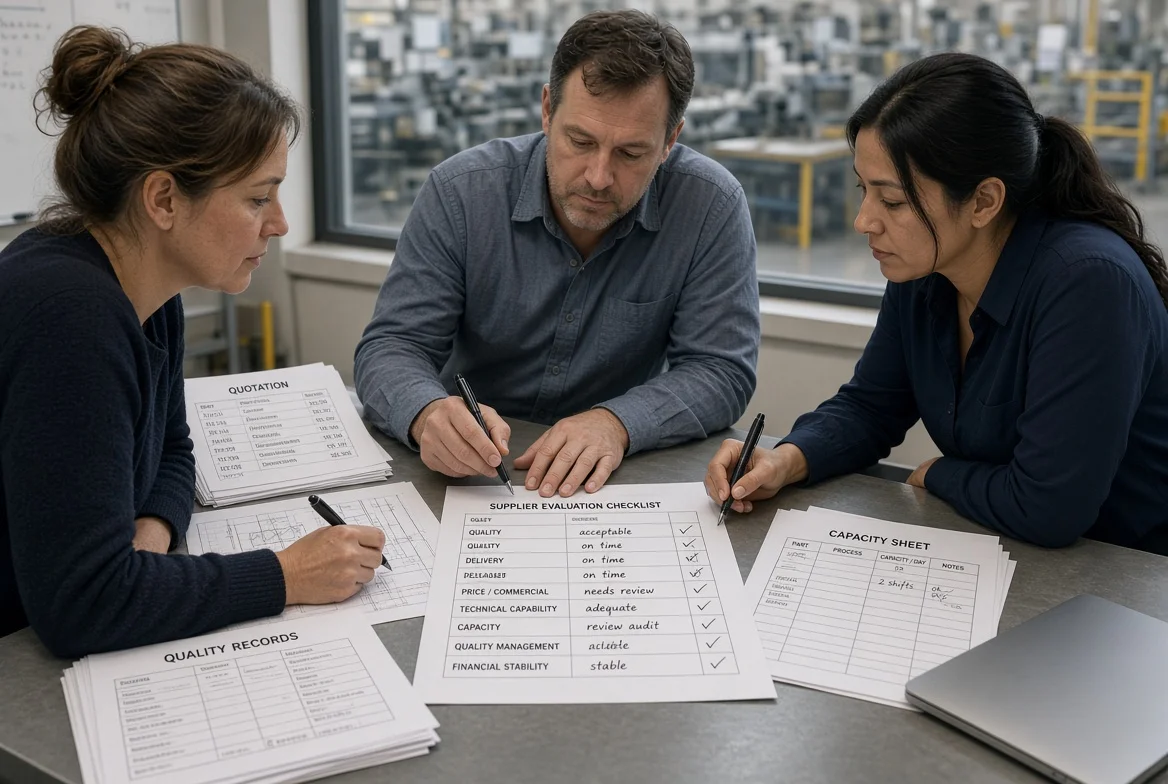 Buyers documenting technical, quality, delivery, total-cost, and risk checks on a supplier quotation evaluation checklist
