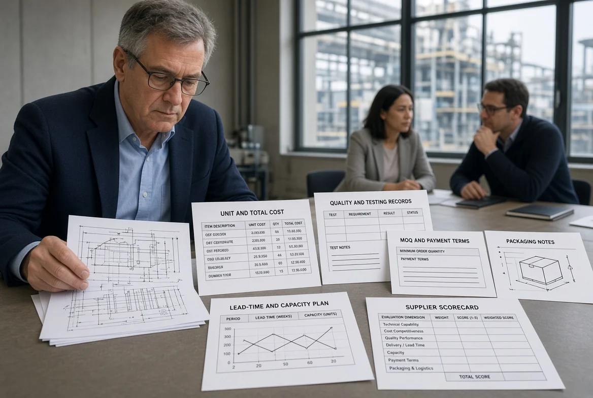 Buyer reviewing technical compliance, quality, lead time, capacity, MOQ, total cost, payment terms, and supplier risk on a manufacturing quotation evaluation desk