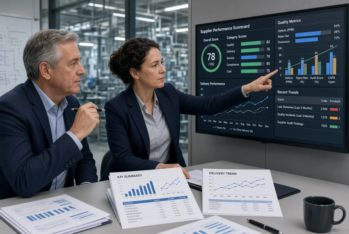 Industrial quality control inspectors using precision calipers and gauges to check dimensional accuracy of manufactured components on a factory inspection station