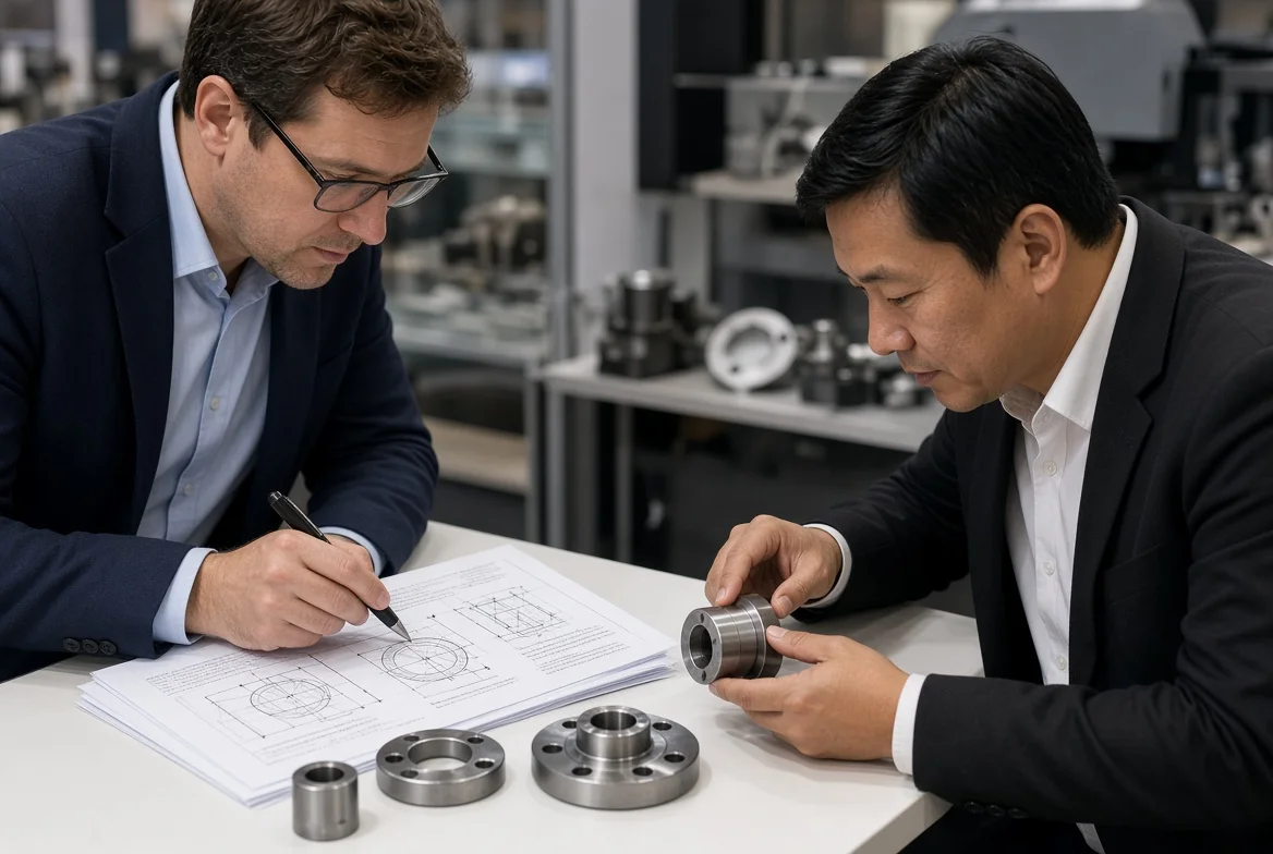 Buyer examining metal component samples and technical capability sheets with an overseas supplier representative at a professional trade show booth for international manufacturing sourcing