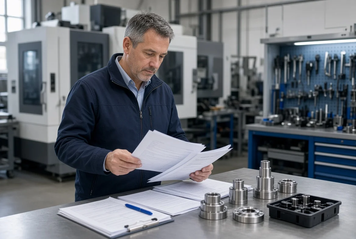 Procurement professional inspecting manufacturing process records, quality reports, and product samples inside a modern overseas CNC machining factory during supplier capability verification