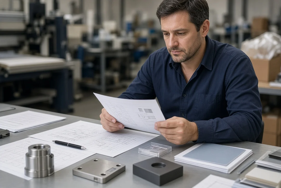 Sourcing manager evaluating technical drawings, product samples, quotation sheets, and inspection reports to select reliable overseas suppliers for international manufacturing