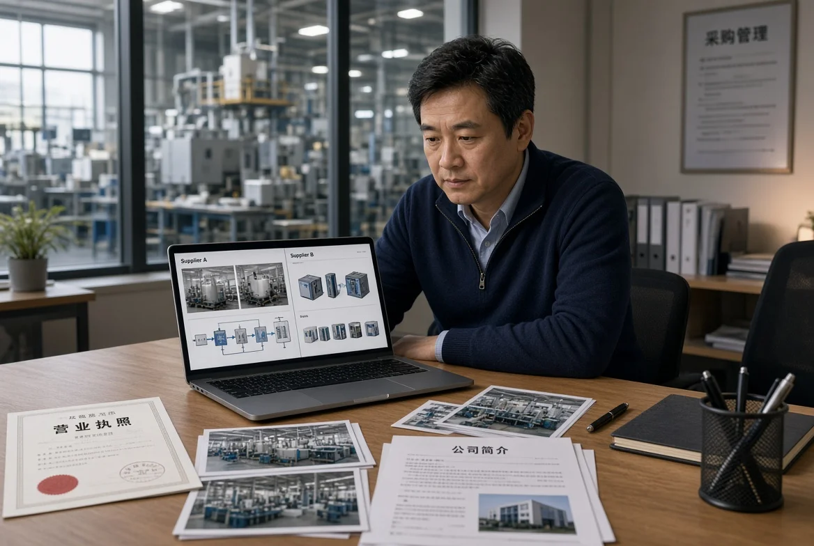 Professional sourcing manager reviewing laptop comparison of supplier profiles, Chinese business license, factory photos and product catalogs on desk to distinguish real manufacturers from trading companies
