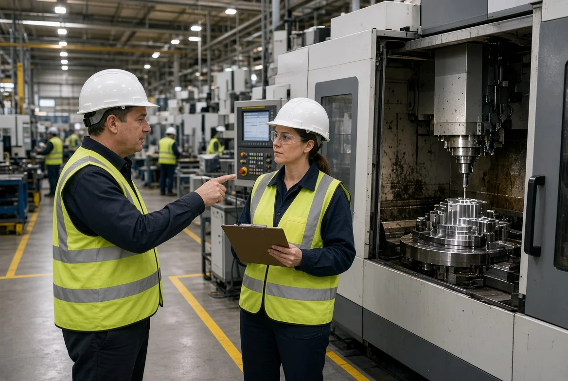 Buyer and factory supervisor in safety gear examining CNC machining center and process controls on active manufacturing floor as part of verifying real manufacturer capability