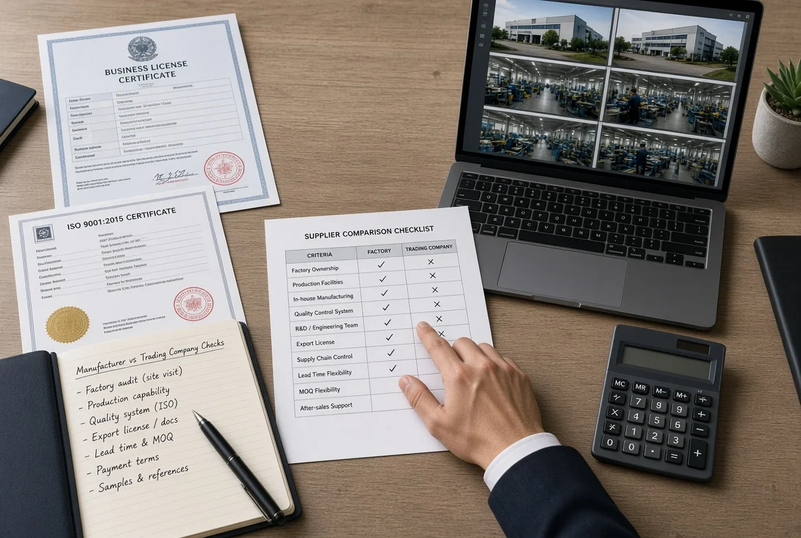 Overhead professional view of business licenses, ISO certificates, supplier comparison checklist, handwritten manufacturer vs trading company notes, calculator and laptop showing factory production photos used for B2B supplier identity verification