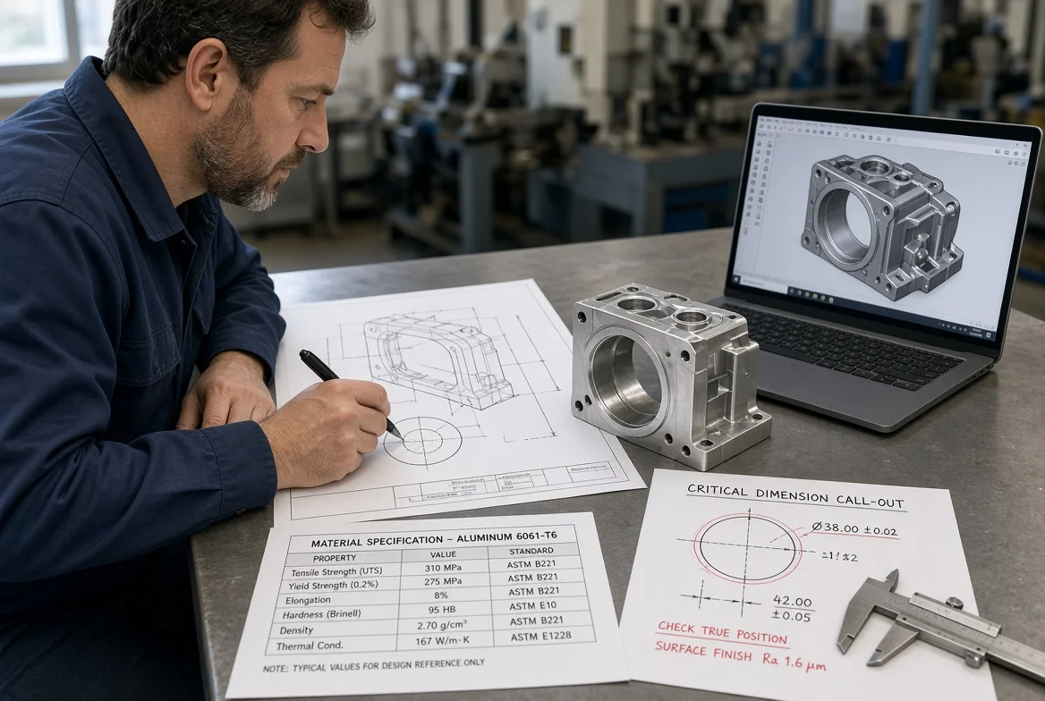 Manufacturing engineer comparing a 2D drawing, 3D CAD model, material specification, and machined sample used to write an RFQ for manufacturers