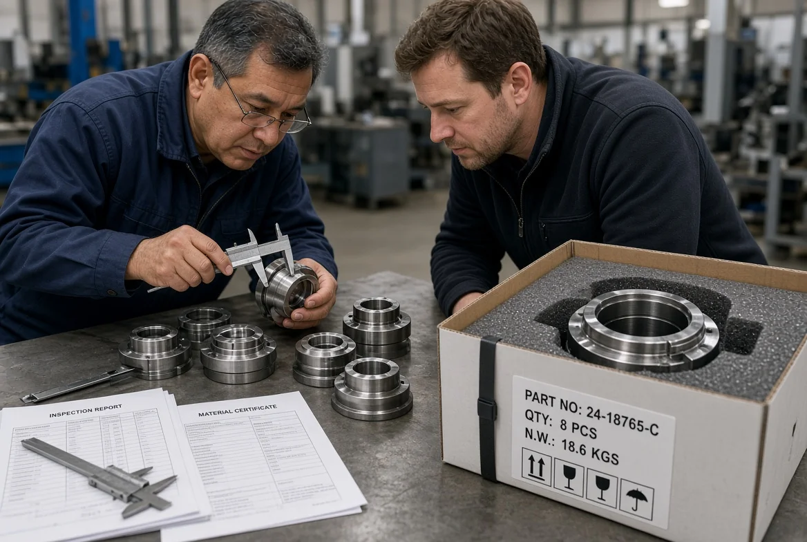 Inspector and buyer checking finished parts, inspection records, and export packaging requirements that should be defined in a manufacturing RFQ