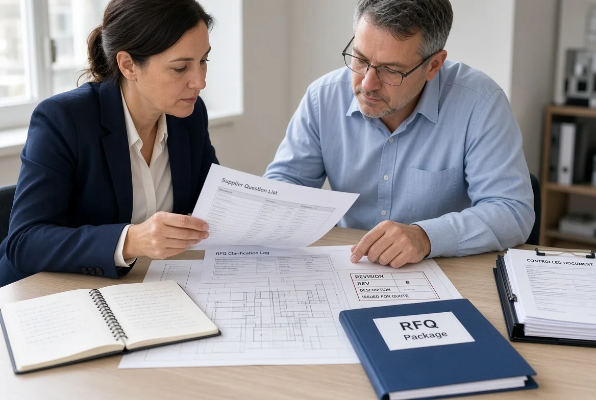 Procurement team reviewing supplier clarification notes and a controlled RFQ revision to improve supplier quotation responses
