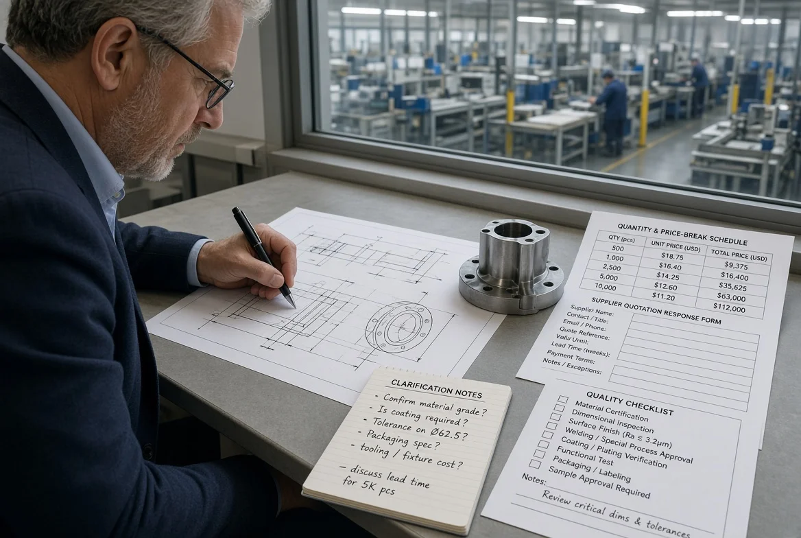 Buyer drafting a structured RFQ with technical drawing, product sample, quantity schedule, quality checklist, and supplier response form to get better supplier quotations