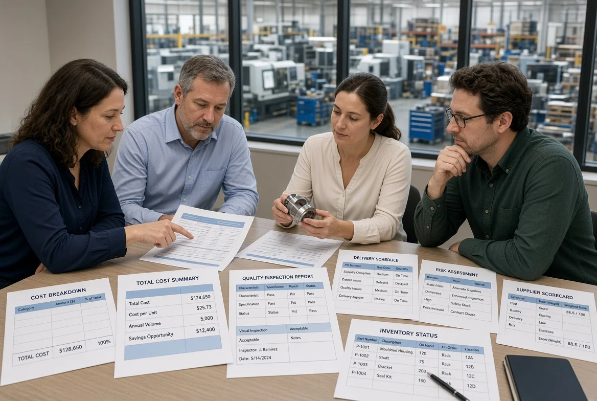Procurement managers in a manufacturing meeting room comparing total cost, quality, delivery, risk, inventory, and supplier performance documents while a factory floor is visible through the window.