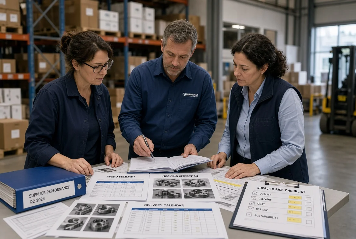 Procurement and quality staff reviewing supplier scorecards, spend summaries, inspection records, and delivery schedules beside a warehouse aisle.