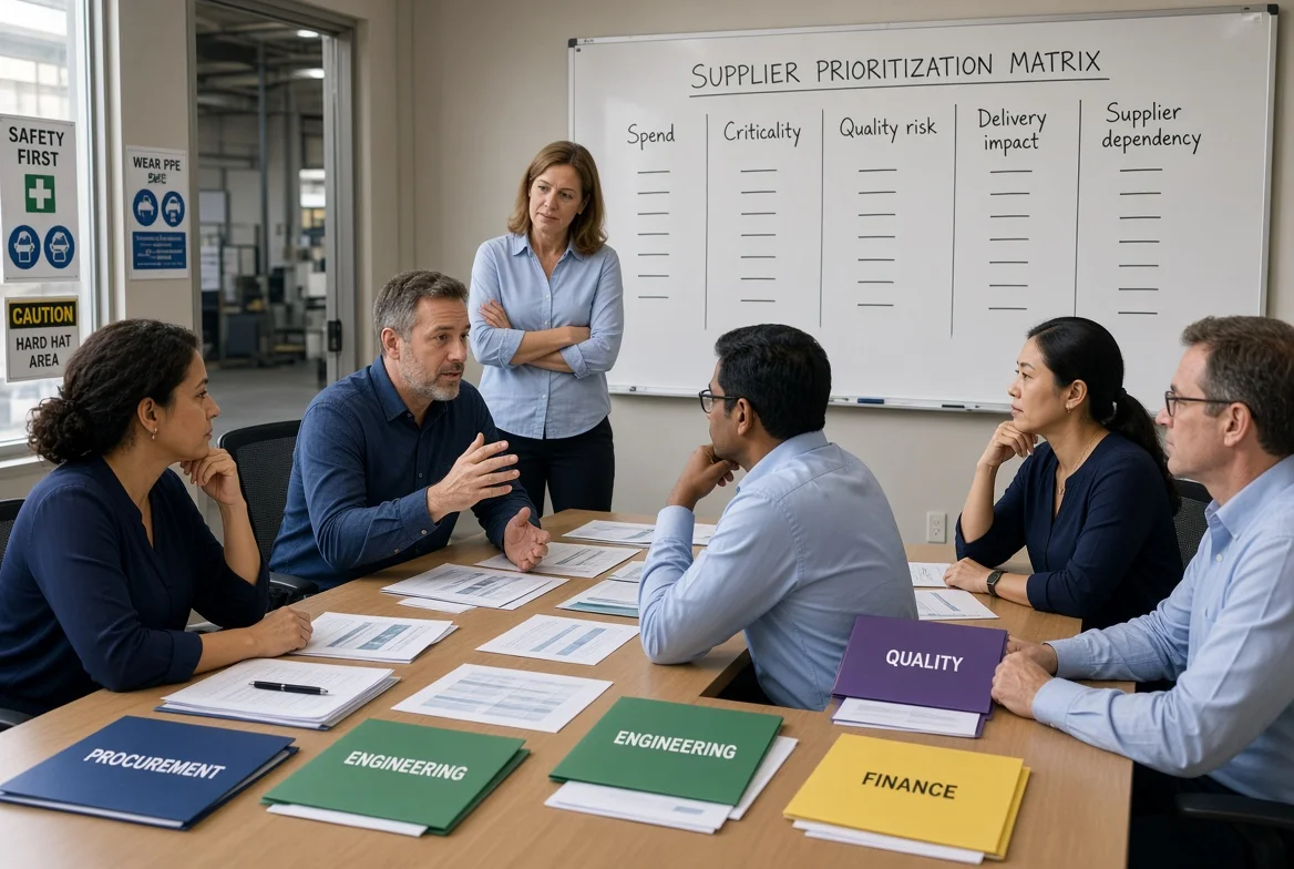 Procurement, operations, quality, finance, and engineering stakeholders ranking purchase categories by spend, criticality, quality risk, delivery impact, and supplier dependency.