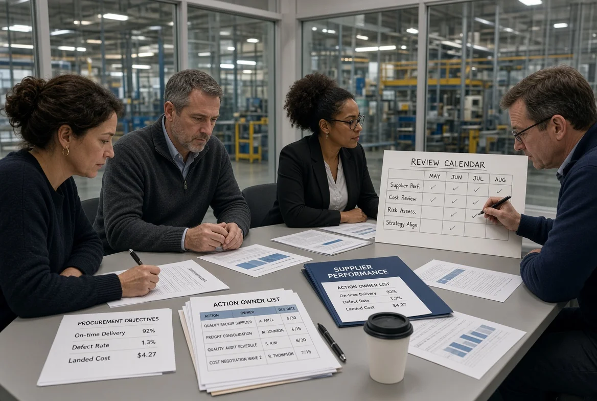 A procurement leadership review using printed objectives, KPI results, supplier performance files, and action-owner lists in an industrial meeting room.