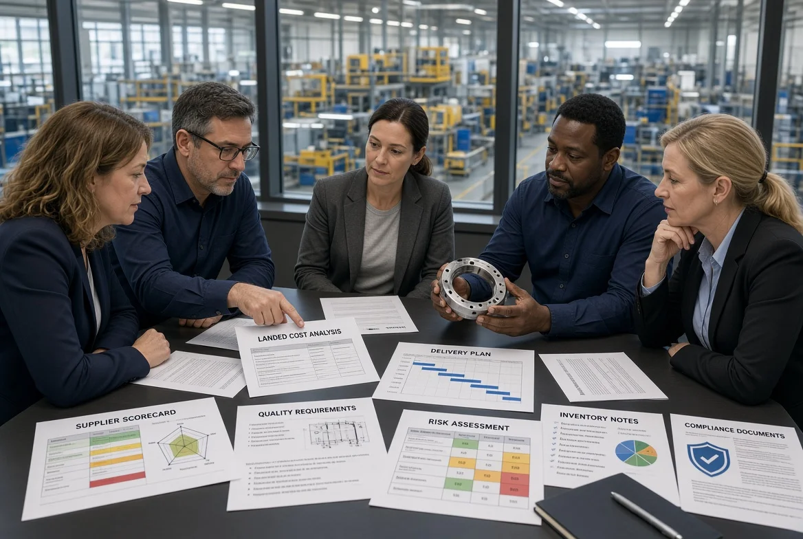 Procurement team in an industrial meeting room reviewing total cost, quality, supplier delivery, supply risk, inventory, working capital, compliance, and business-performance documents with a factory and warehouse visible behind them.