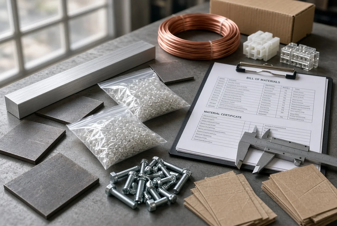 Factory table showing aluminum stock, resin, copper cable, connectors, and fasteners being reviewed against a BOM and material certificates for a manufacturing quote.