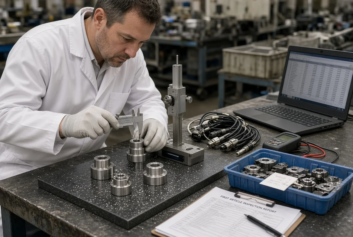 Quality inspector measuring machined parts beside rejected components, inspection records, and cable assemblies prepared for electrical testing.