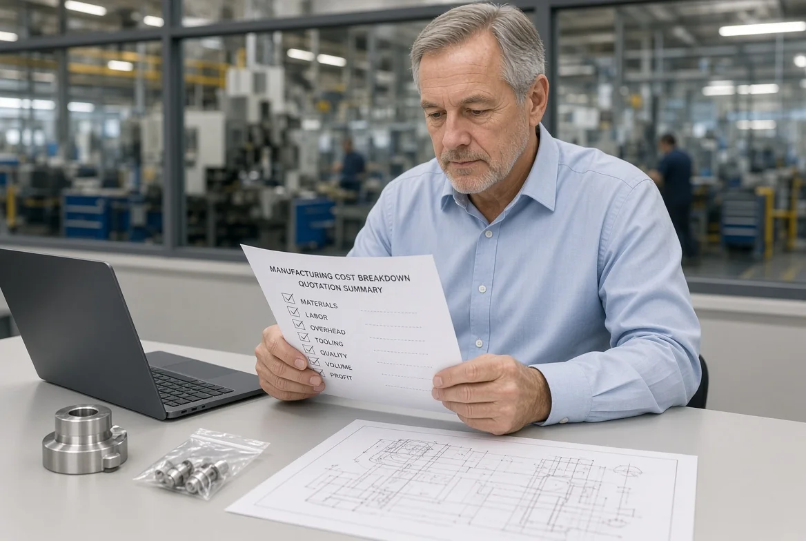 Procurement manager checking materials, labor, overhead, tooling, quality, volume, and profit categories on a printed supplier quotation and cost-breakdown checklist.