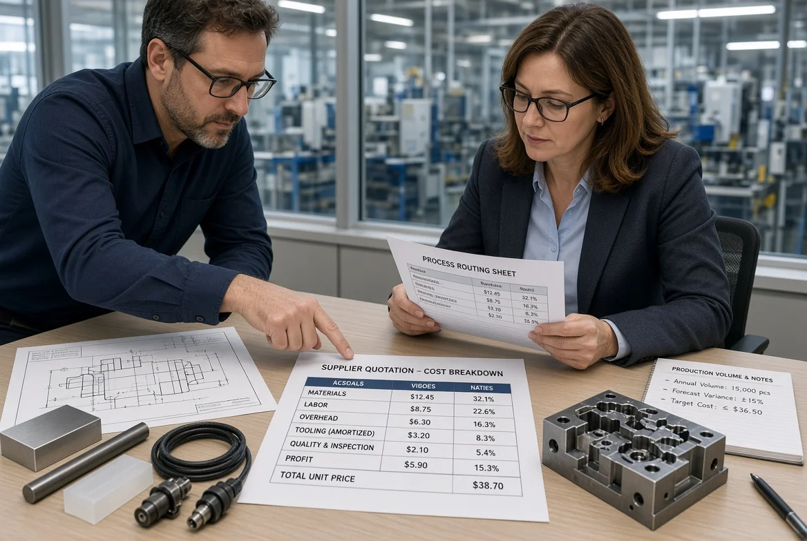 B2B procurement and cost-analysis team examining a supplier quotation and manufacturing cost breakdown covering materials, labor, overhead, tooling, quality, volume, and profit in a factory office.