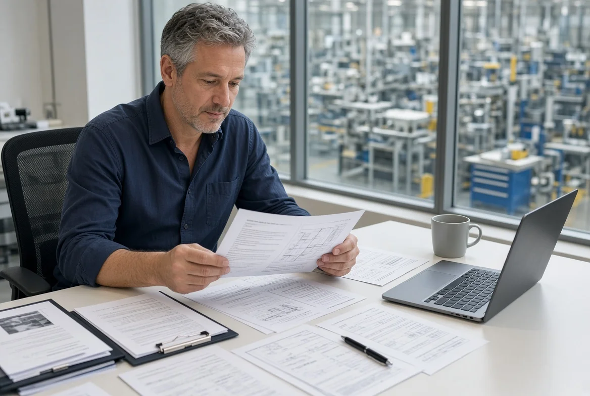 Global buyer at an industrial desk comparing a manufacturing quotation, technical drawings, quality notes, and a shipment plan with a factory and logistics background