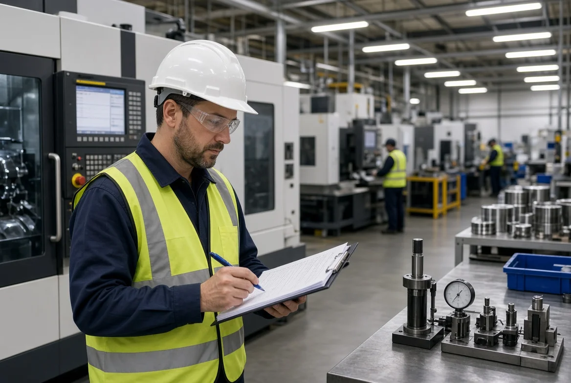 Supplier-quality auditor inspecting manufacturing equipment, in-process production, testing instruments, and factory quality records during a capability evaluation