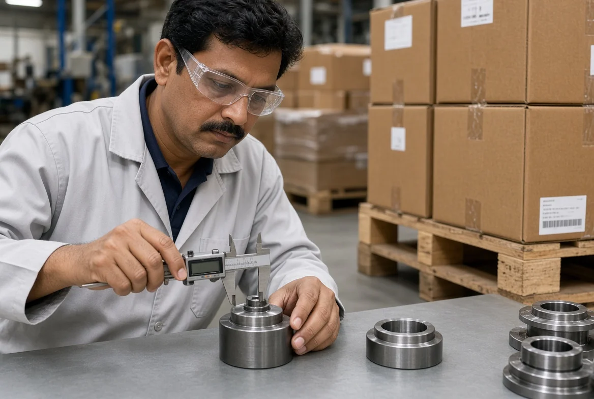 Quality inspector measuring finished industrial parts and checking export cartons on a manufacturing floor before shipment
