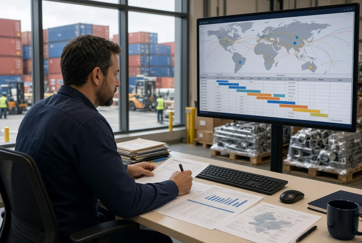 Procurement planner reviewing container loading, warehouse receiving, and a global delivery schedule for imported manufacturing materials